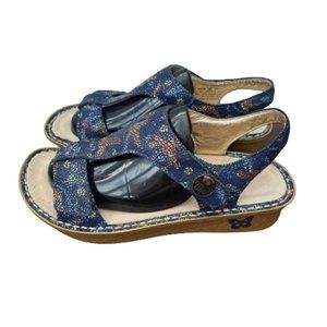 Alegria Womens Size EUR 37 US 7 Sandals Navy Blue Bird Mosaic Print Ankle Strap